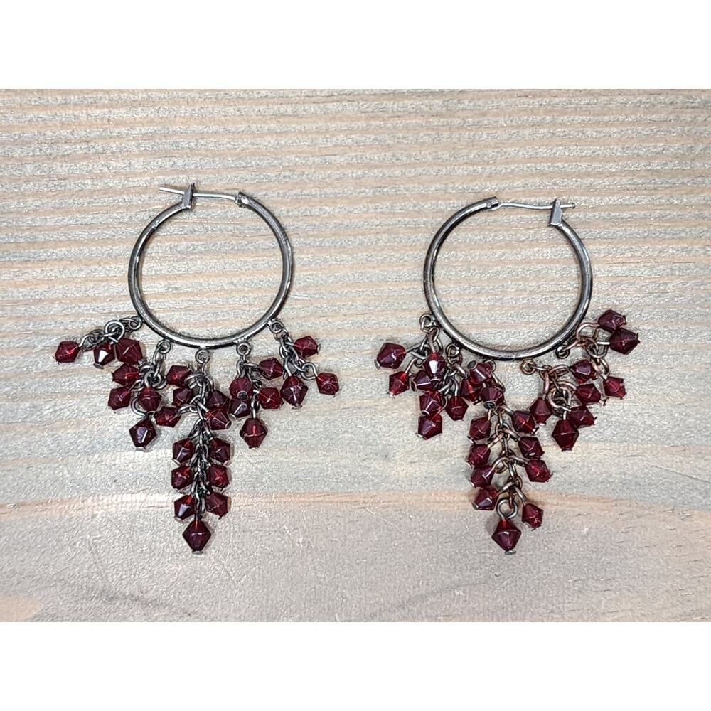 Gunmetal Tone Red Faceted Bead Fringe Hoop Earrings